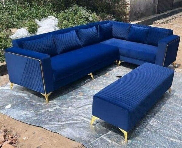 Canapé d'angle bleu avec ottomane