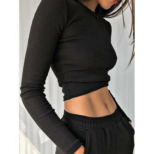 O Neck Long Sleeve Shirt Women Ribbed Sexy Cropped Tops 2025