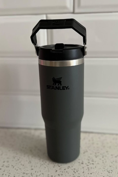 Stanley thermocup, grey, with black handle, stainless steel