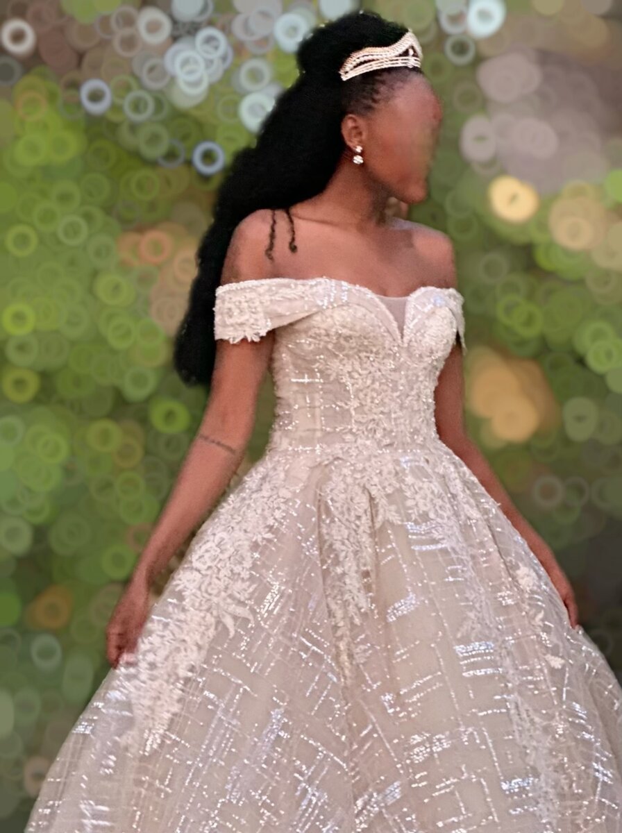 Nude wedding ballgown for hire.