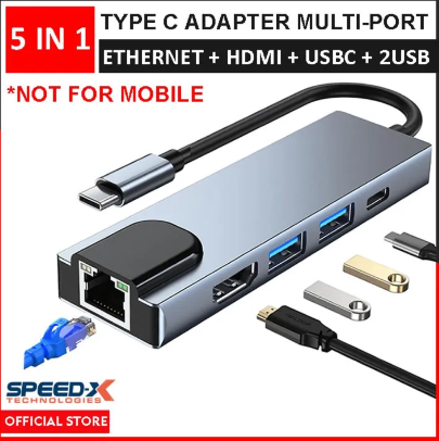 SpeedX 5 in 1 Type C to Ethernet LAN HDMI USB C USB Adapter Multi Port Converter