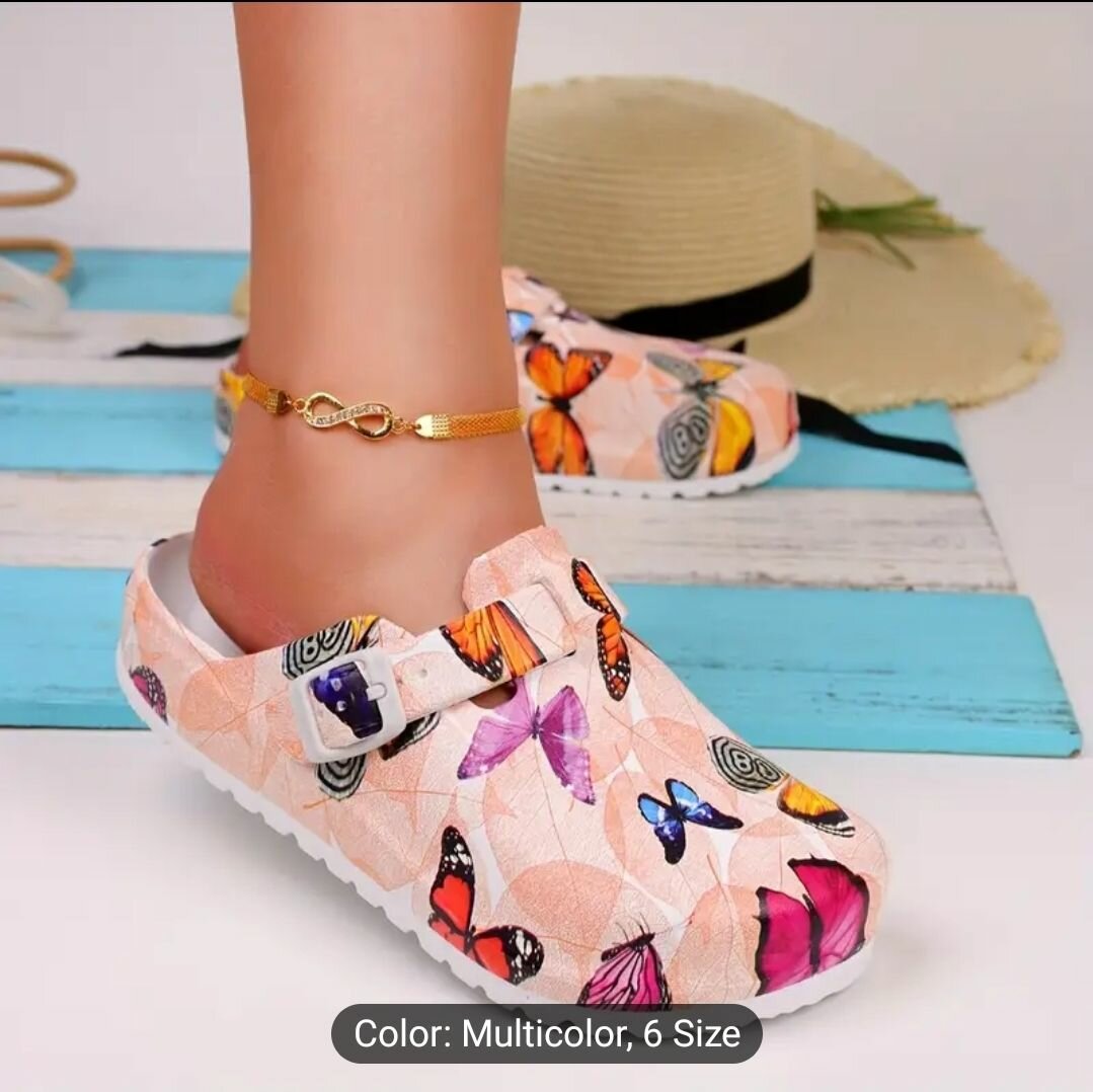 Womens Butterfly Printed All-Season Flat Clogs