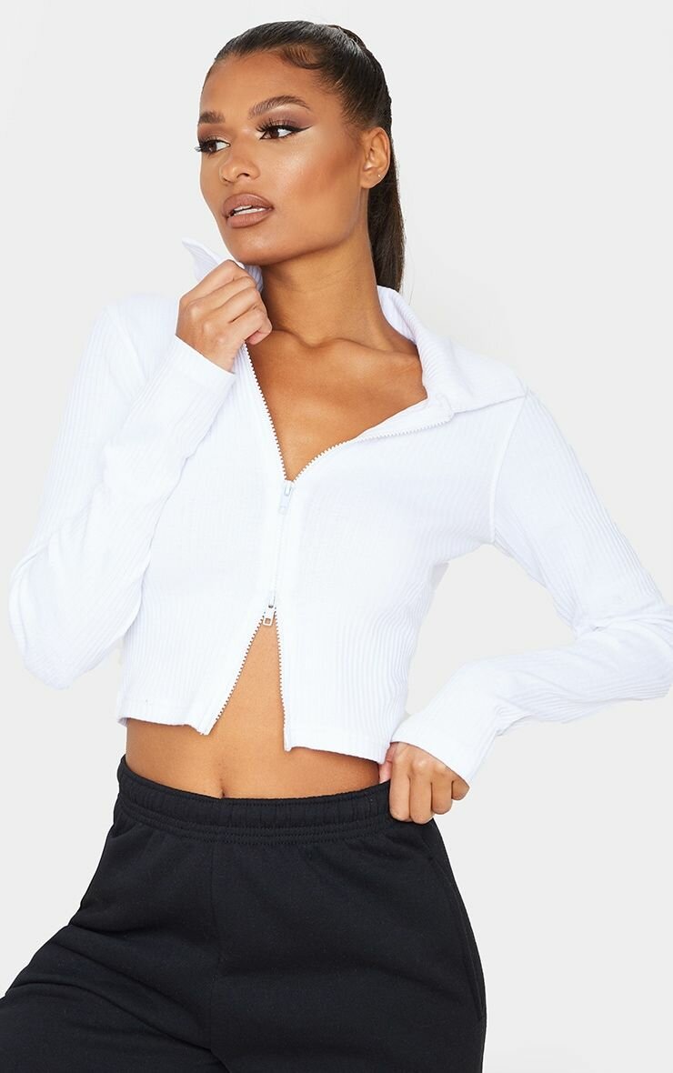 Pretty Little Thing Jumbo Rib Collar Zip Up Crop Top