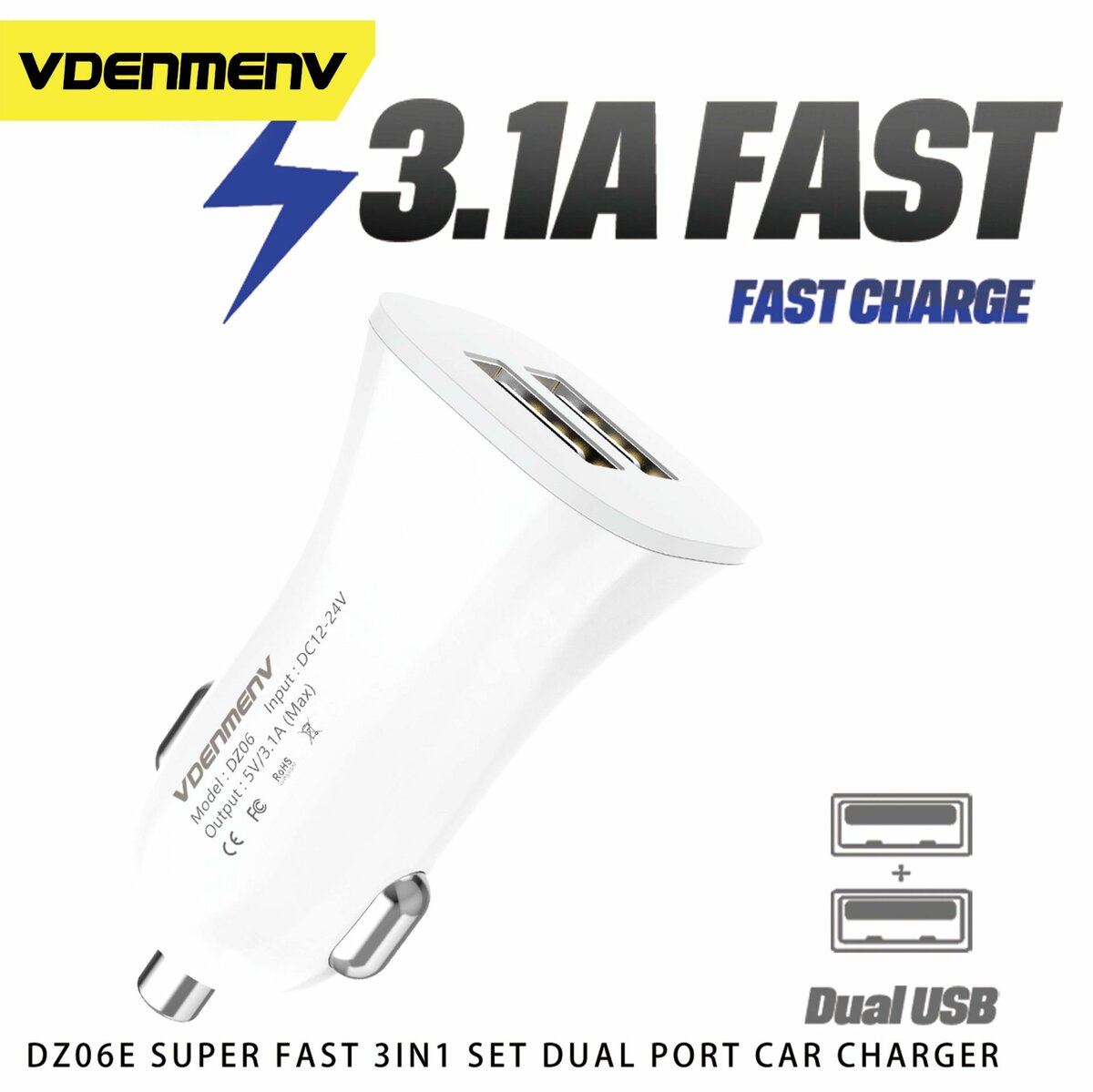 Super Fast 3 In 1 Car Charger 3.1A - 15W max 12V-24V