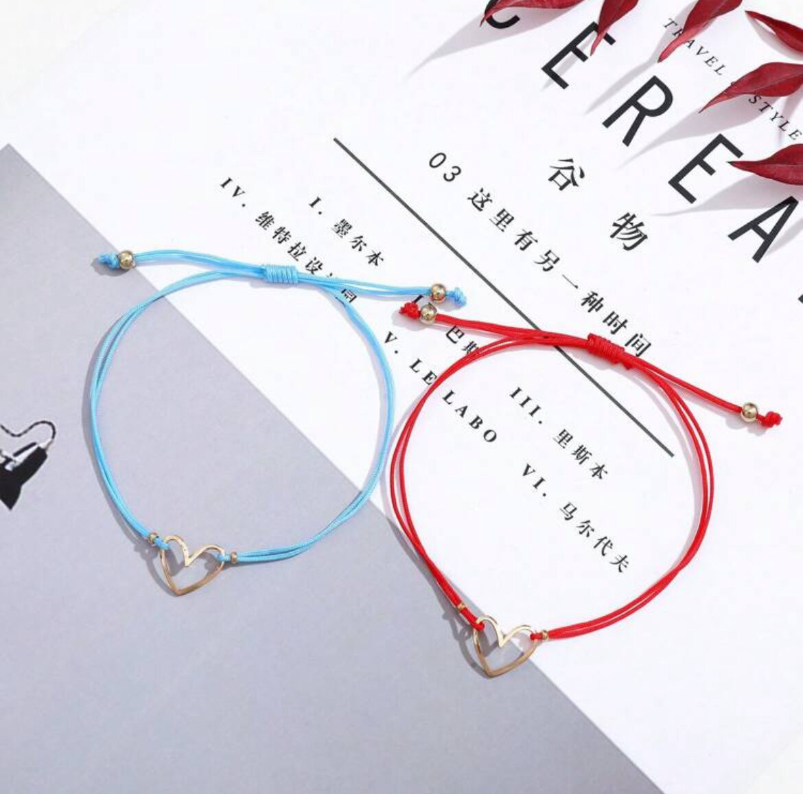 Bracelets en corde avec pendentif cœur