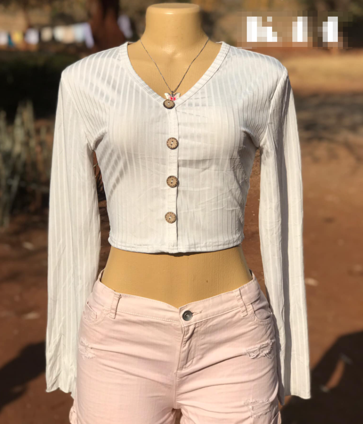 Button Front Rib-knit Crop Tee