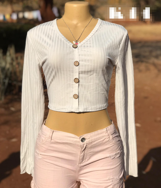 Button Front Rib-knit Crop Tee