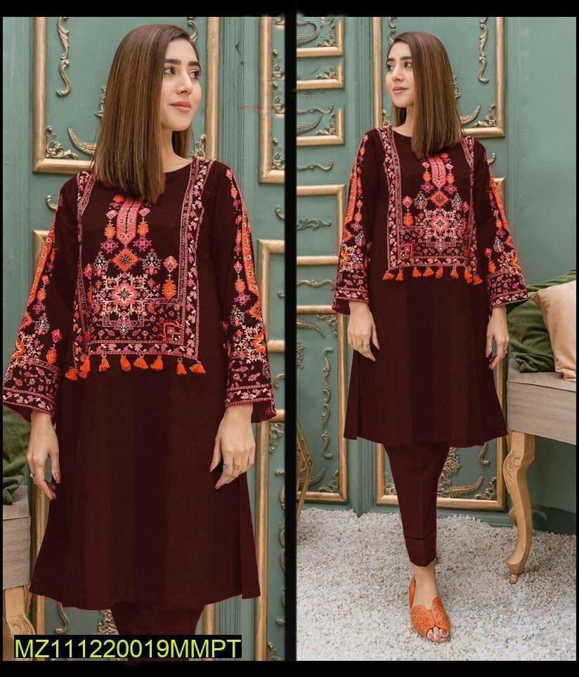 2 Pcs women's Stitched linen embroidery shirt Trouser