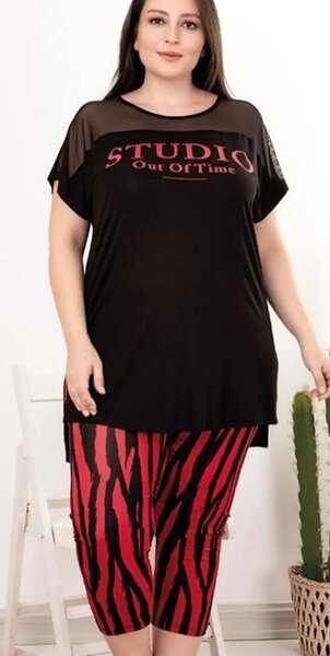 Women's pajamas  black T-shirt and red trousers   