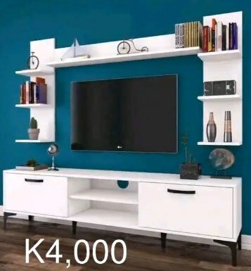TV stand with hanging vertical shelves, white