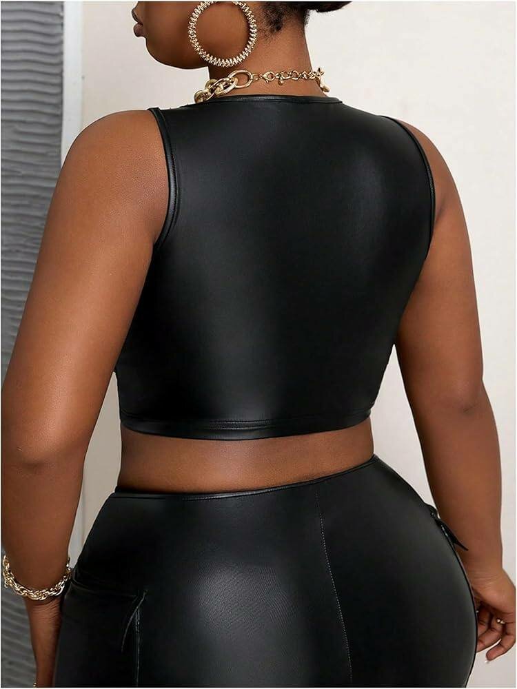 Ladies  Leather V-neck Crop Top(Top only)