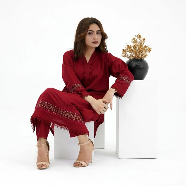 2 piece V Neck Mehroon Embroidered