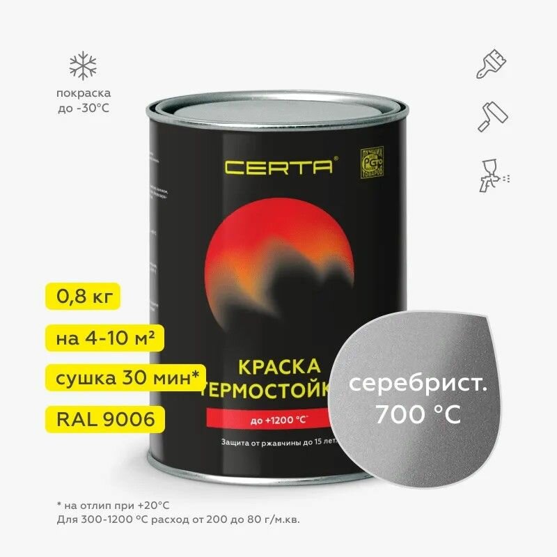 Термостойкая эмаль CERTA серебристая RAL 9006 до 700 °C 0,8
