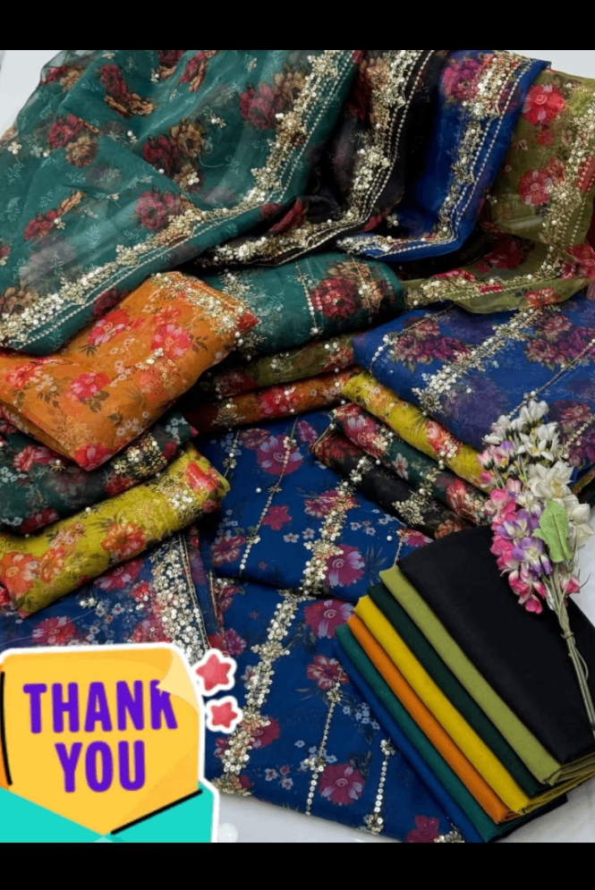 3pc Organza floral print peral and sequence work