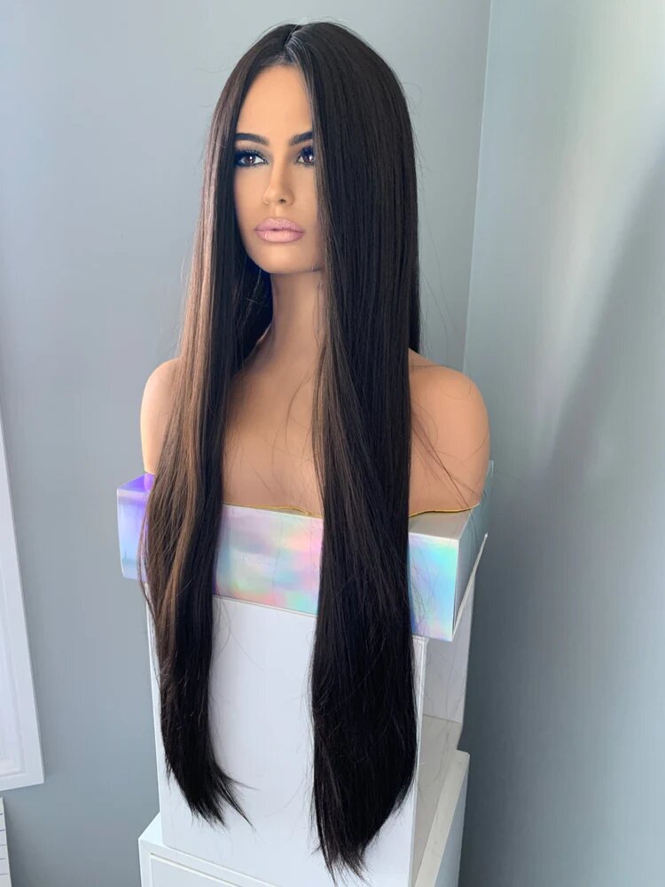 KIM" - LONG BLACK SILKY STRAIGHT PARTIAL LACE FRONT WIG