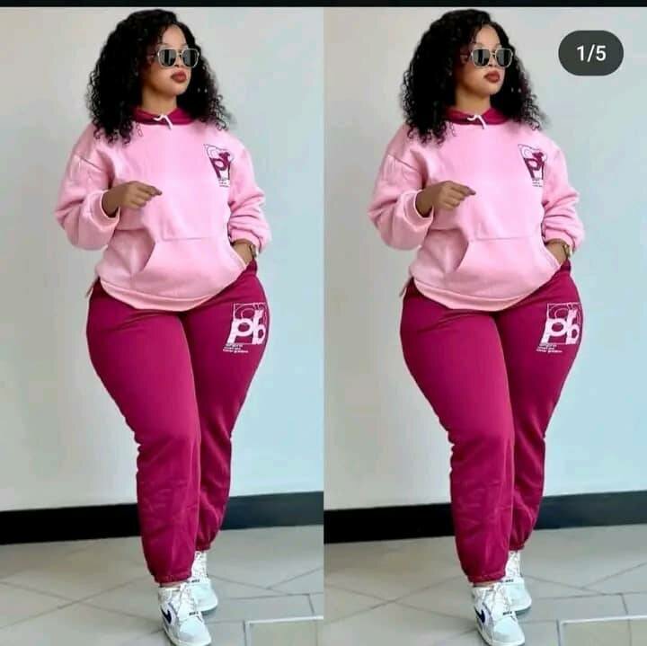 Tracksuit, light pink sweatshirt, raspberry trousers