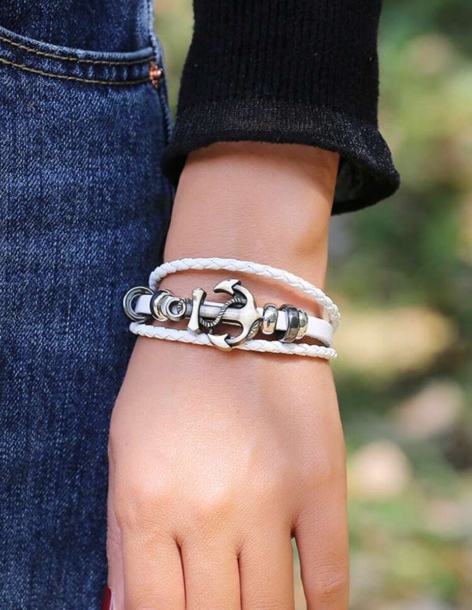 Bracelet Ancre en Cuir Blanc