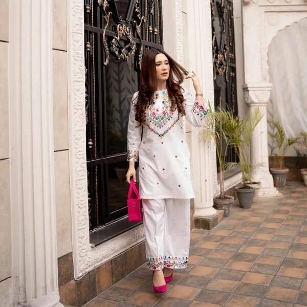 Woman's Stitched 2 Pcs Embroidered Linen Shirt And Trouser
