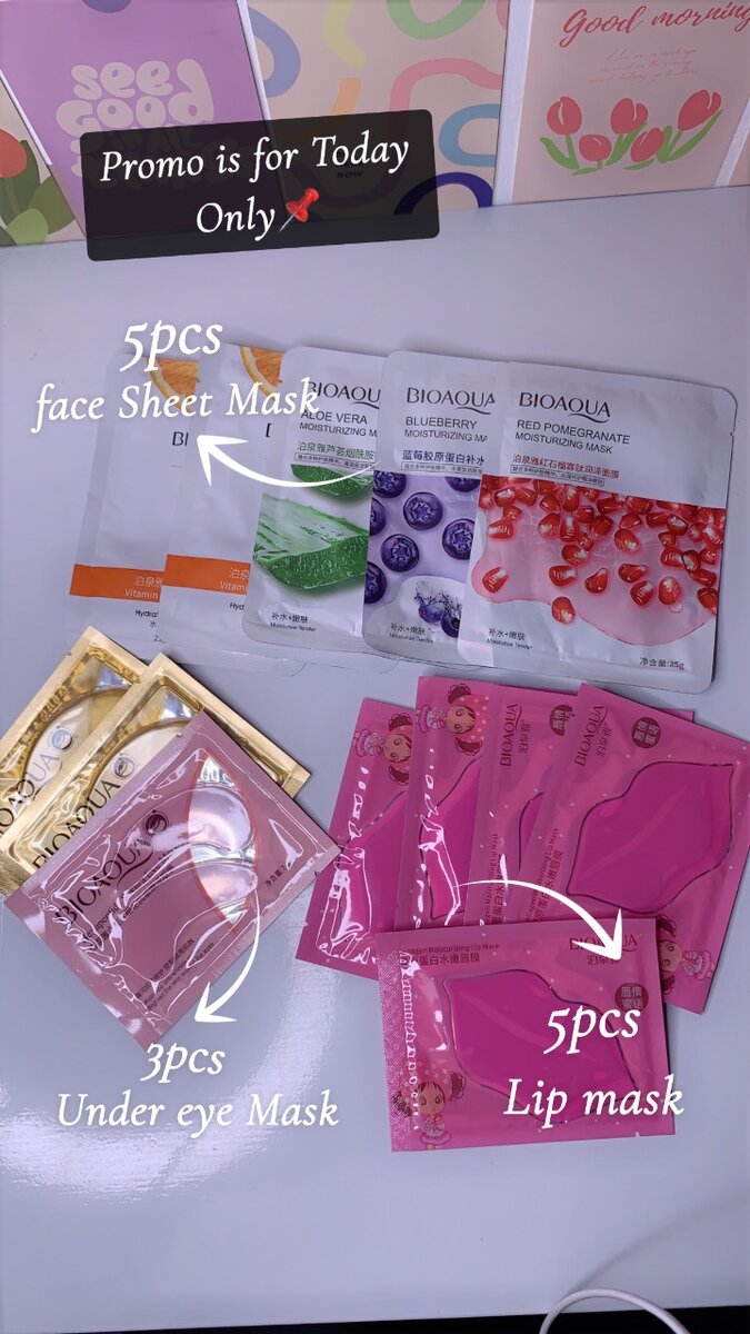 5face sheet, 3 Under Eye mask & 5 lip mask on PROMO
