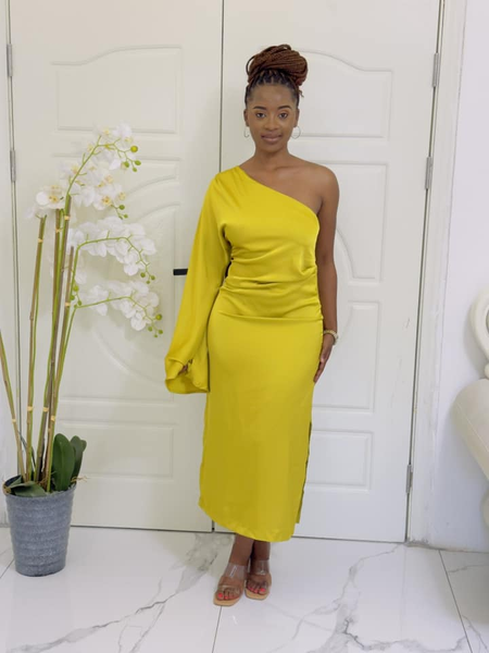 yellow one sleeve long dress