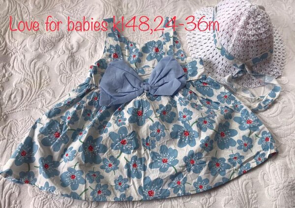 Blue dress with print + hat, 24-36m