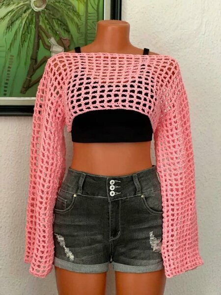 Pull crochet rose manches longues