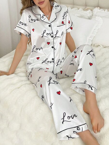 Pyjama satin coeur femme