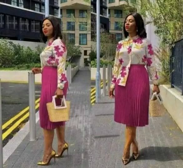 Women's 2-piece suit, floral print blouse and plain Skirt