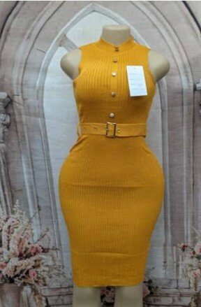 Mustard Fitted Dress with Belt