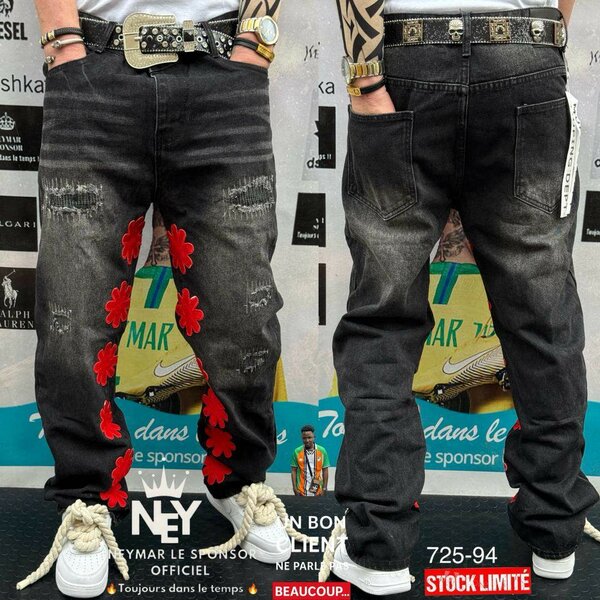 Jean noir brodé rock homme