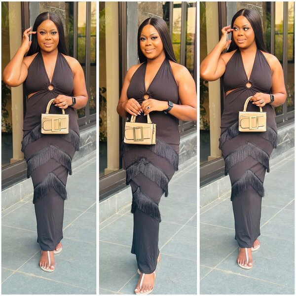 Dress black, maxi, with fringe, size s-2xl