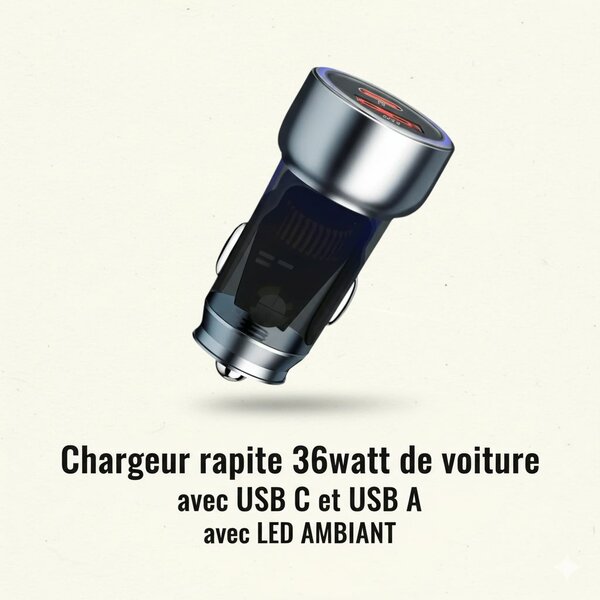 Chargeur Auto 36W USB C/A LED