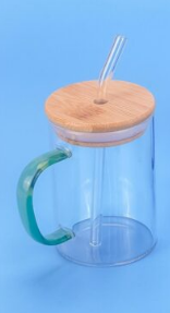 Colored Handle Borosilicate Glass Cup with Straw Hole Bamboo Lid and Glass Straw