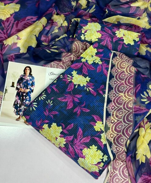 Lady's 3pc Unstich Suit Lawn Colection 2025