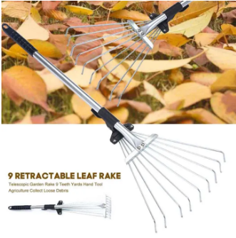 Metal Rake Adjustable Retractable Leaves Rake Gardening Tool for Lawn Yard