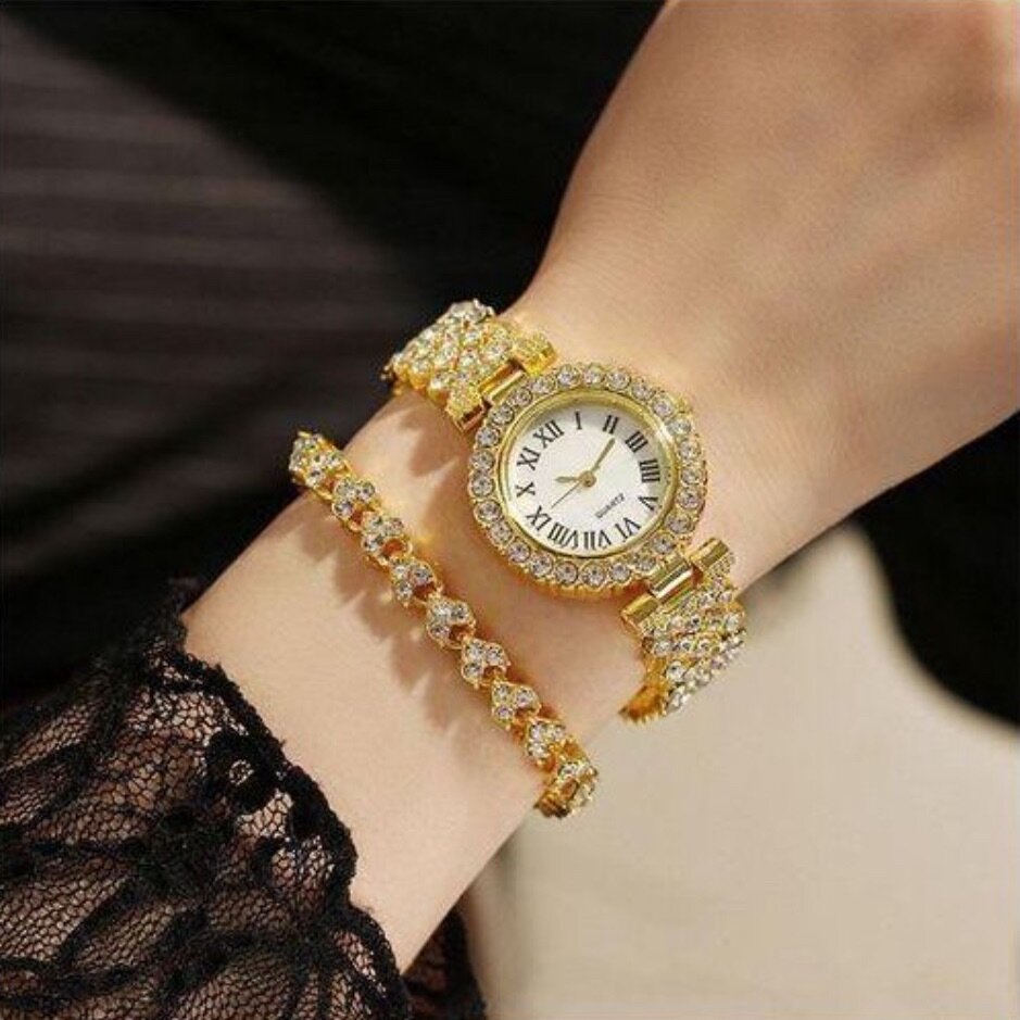Elegant Studed Ladies Wristwatch With Hand ChainGold Bracel.