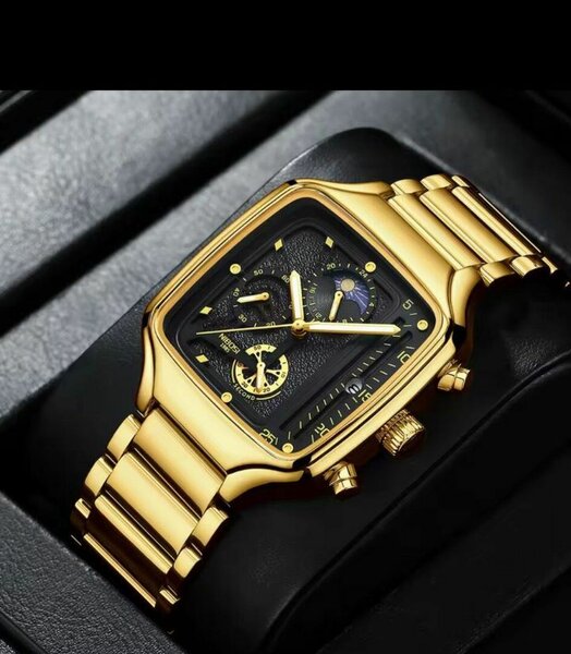 Montre Homme Luxe en Or et Cuir Noir