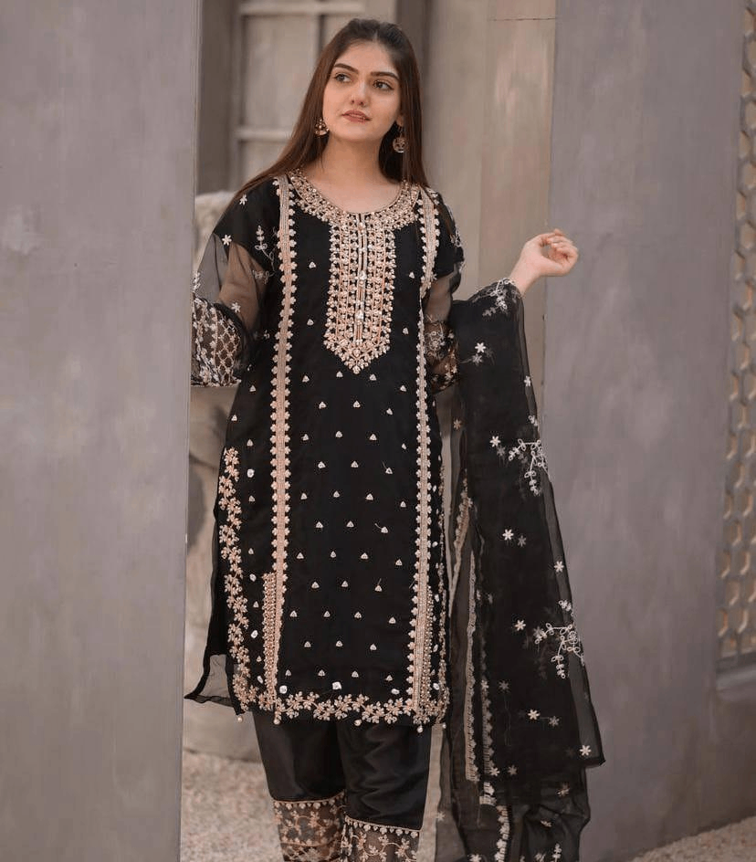 3 pcs women's stiched organza Embroidered suit