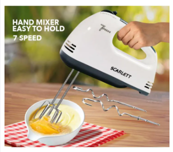 Scarlett 7-Speed Electric Hand Mixer – Versatile, Durable, and Perfect for Whipping, Kneading, Mixing with 4 Pieces Stainless Blender, Egg Cake/Cream Mix, Standard, White
