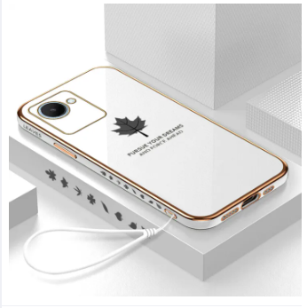 LECOMES for Realme C30 Back Cover with Lanyard Luxury 6D Plating Fancy Maple Leaf Stylish Girls Phone Case Soft Silicone Square Mobile Cases Pouch