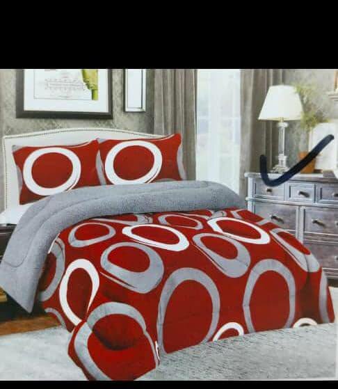 Set fluffy blanket + 2 pillowcases, blue, red-gray, circle print