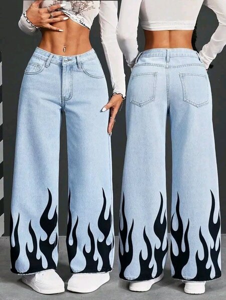 Jeans larges avec motif flamme