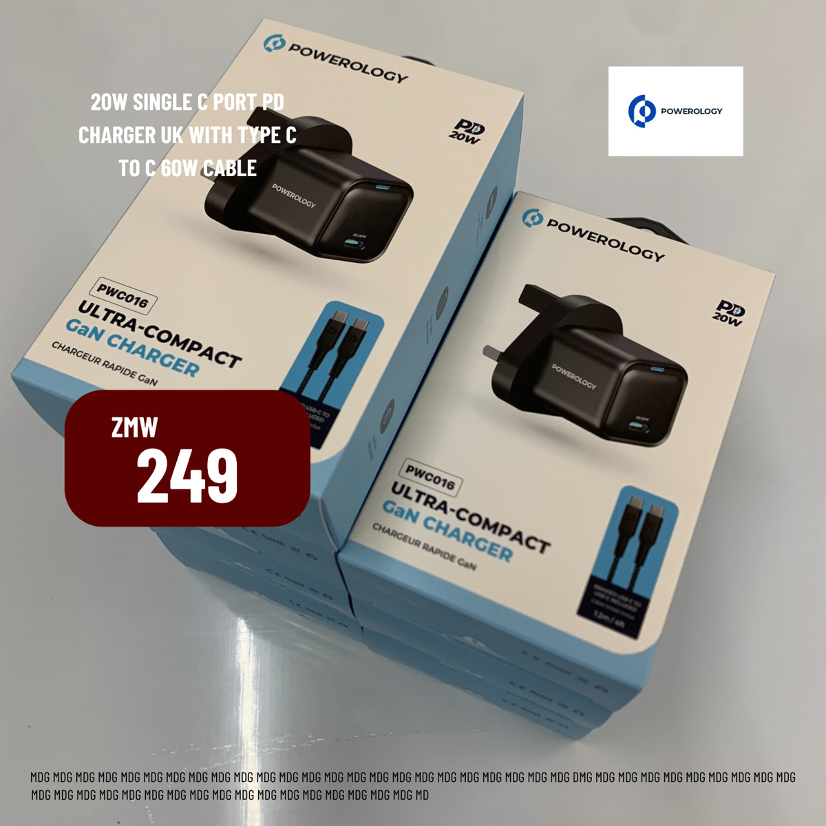 Powerology 20W Single C Port PD Charger UK with Type C to C