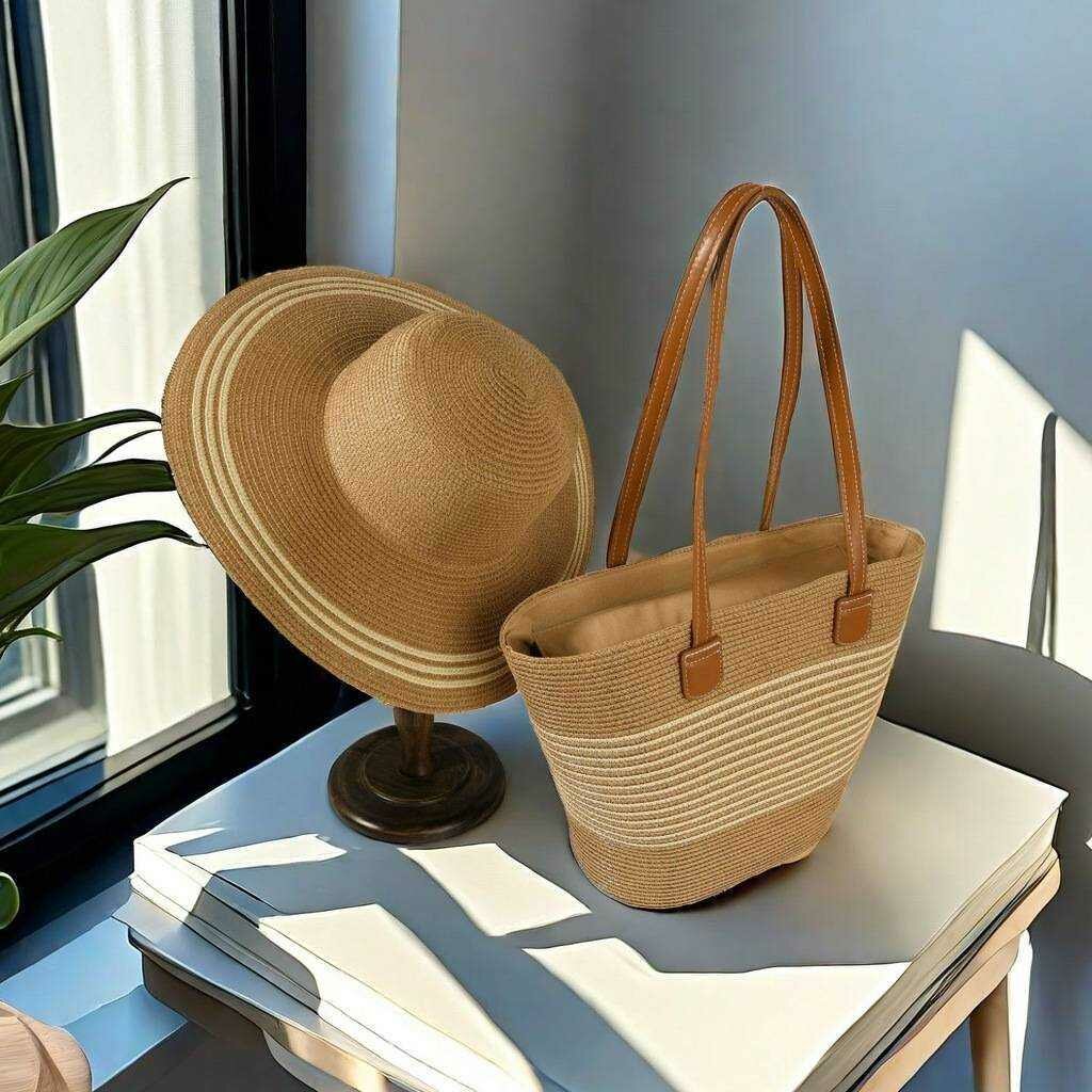 Ensemble sac et chapeau en paille