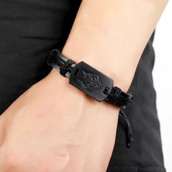 Bracelet cuir loup noir homme