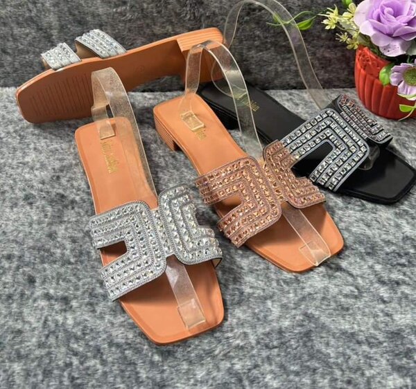 Slippers with rhinestones in three colors: beige, black and silver