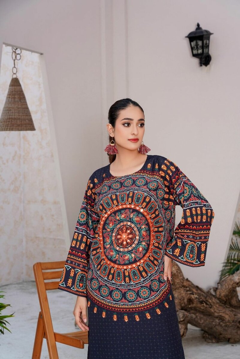 Woman's Stitched Mirror Work Printed Shirt and Trouser