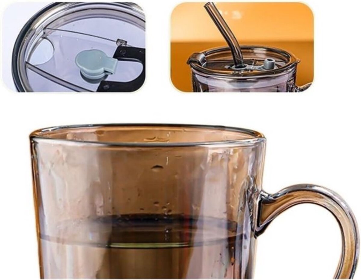 Transparent Glass Tumbler Mug With Spill-Proof Lid and Straw