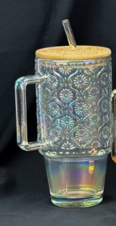 Vintage Embossed Drinking Glass Cup with Bamboo Lid and Glass Straw
