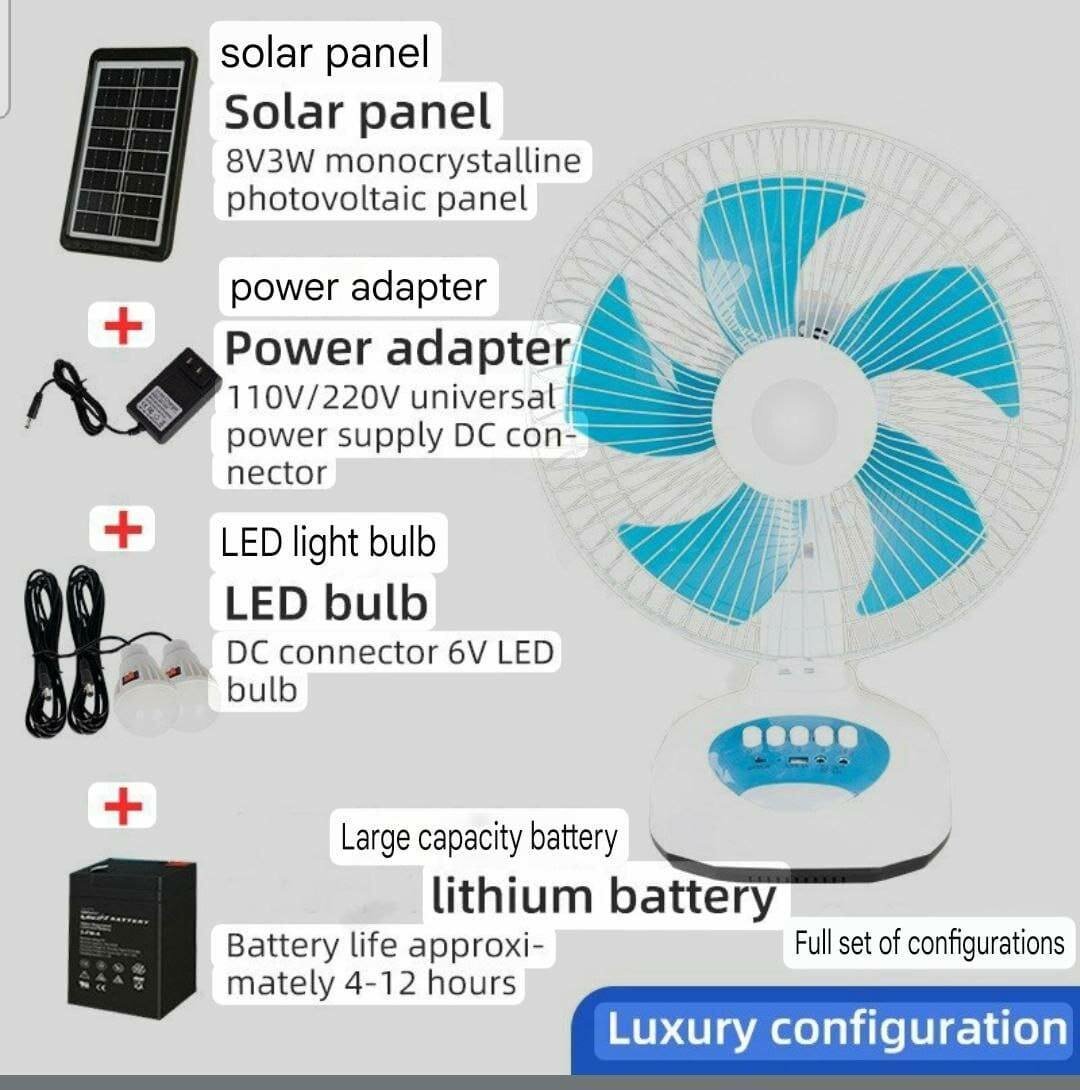 Rechargeable fan with bulbs and solar panel